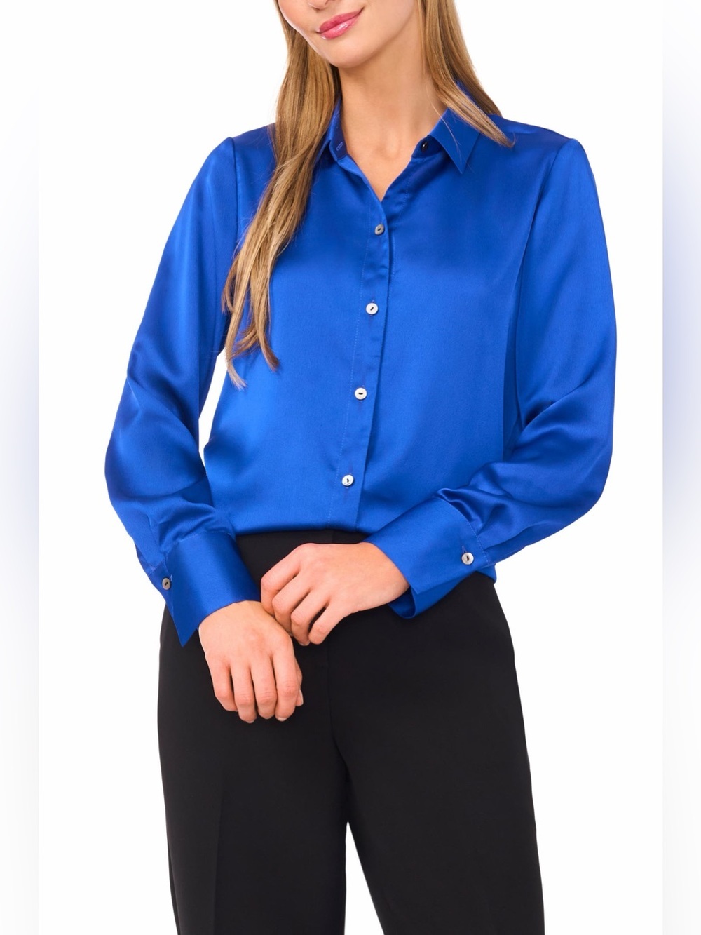 Halogen Petite Charmeuse Button-Up Shirt Opulent Blue SP NWOT